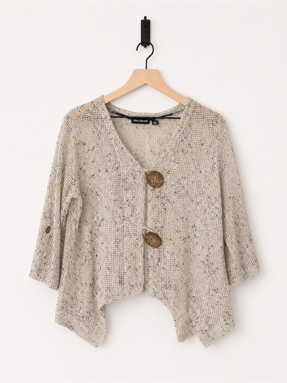Nina Leonard Beige Open-Knit Button Front Cardigan